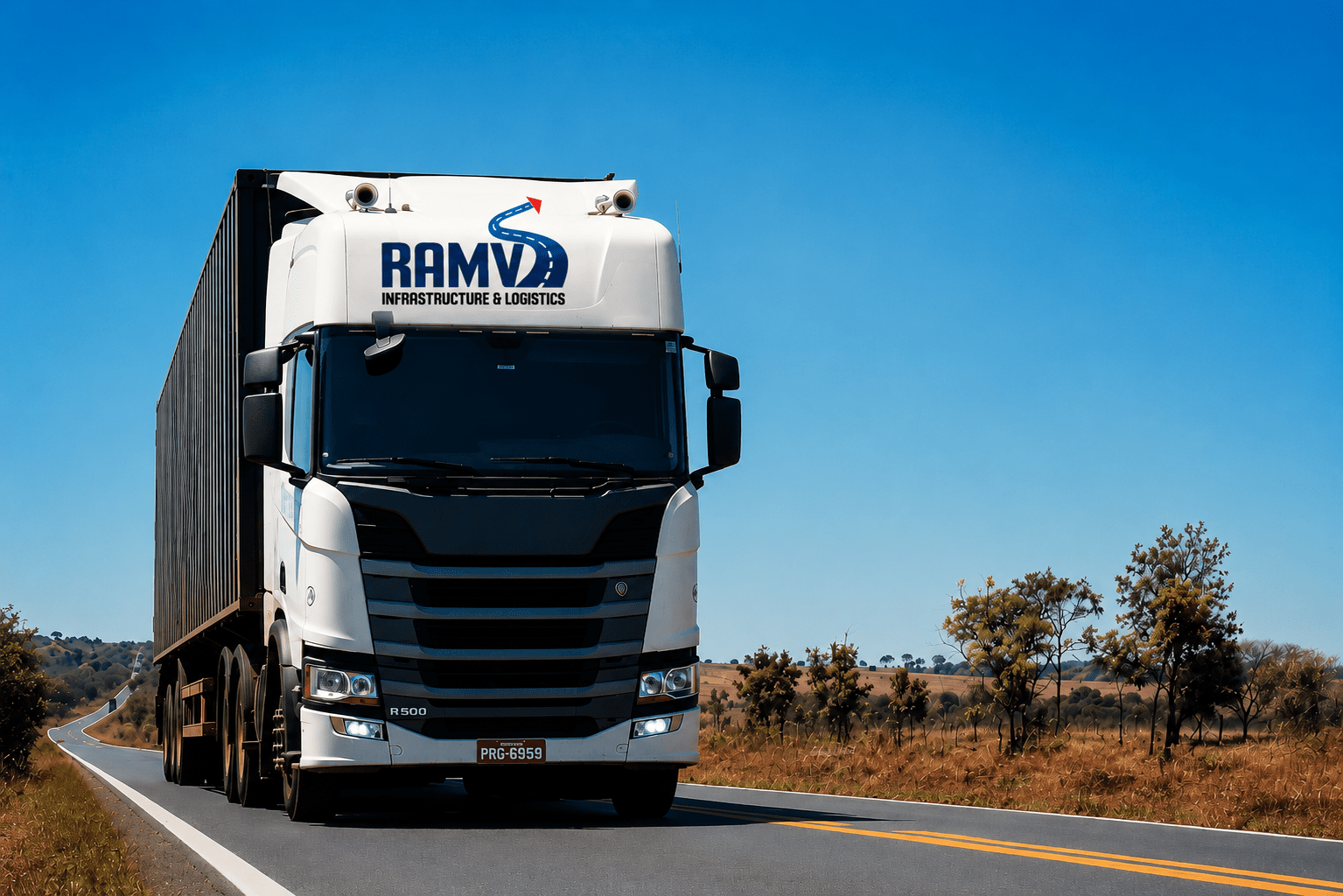 RAMV heavy duty truck transport carrying industrial pipes and raw payload